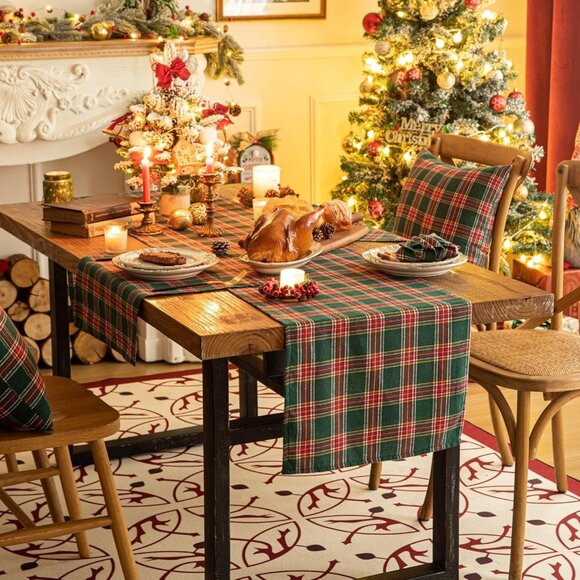 Luxurious 90-Inch Green Red Plaid Table Runner - Perfect for Holiday Gatherings - Picture 2 of 7